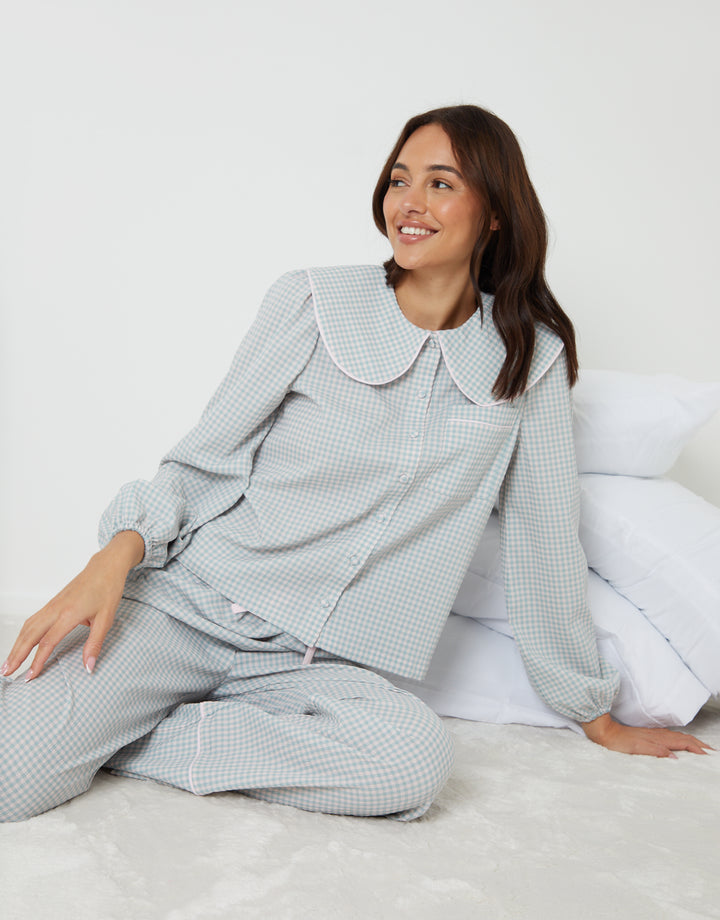 Blue Check Peter Pan Collar Long Pyjamas (2-Piece Set)