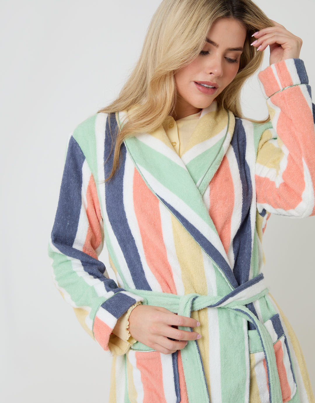 Pastel Stripe Towelling Midi Dressing Gown