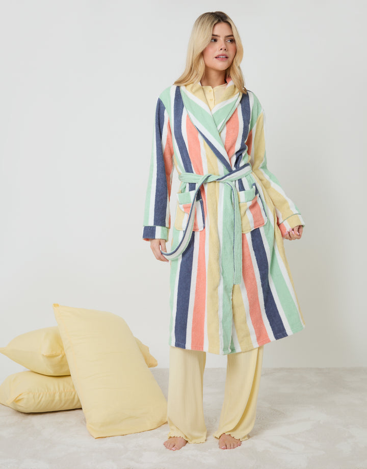 Pastel Stripe Towelling Midi Dressing Gown