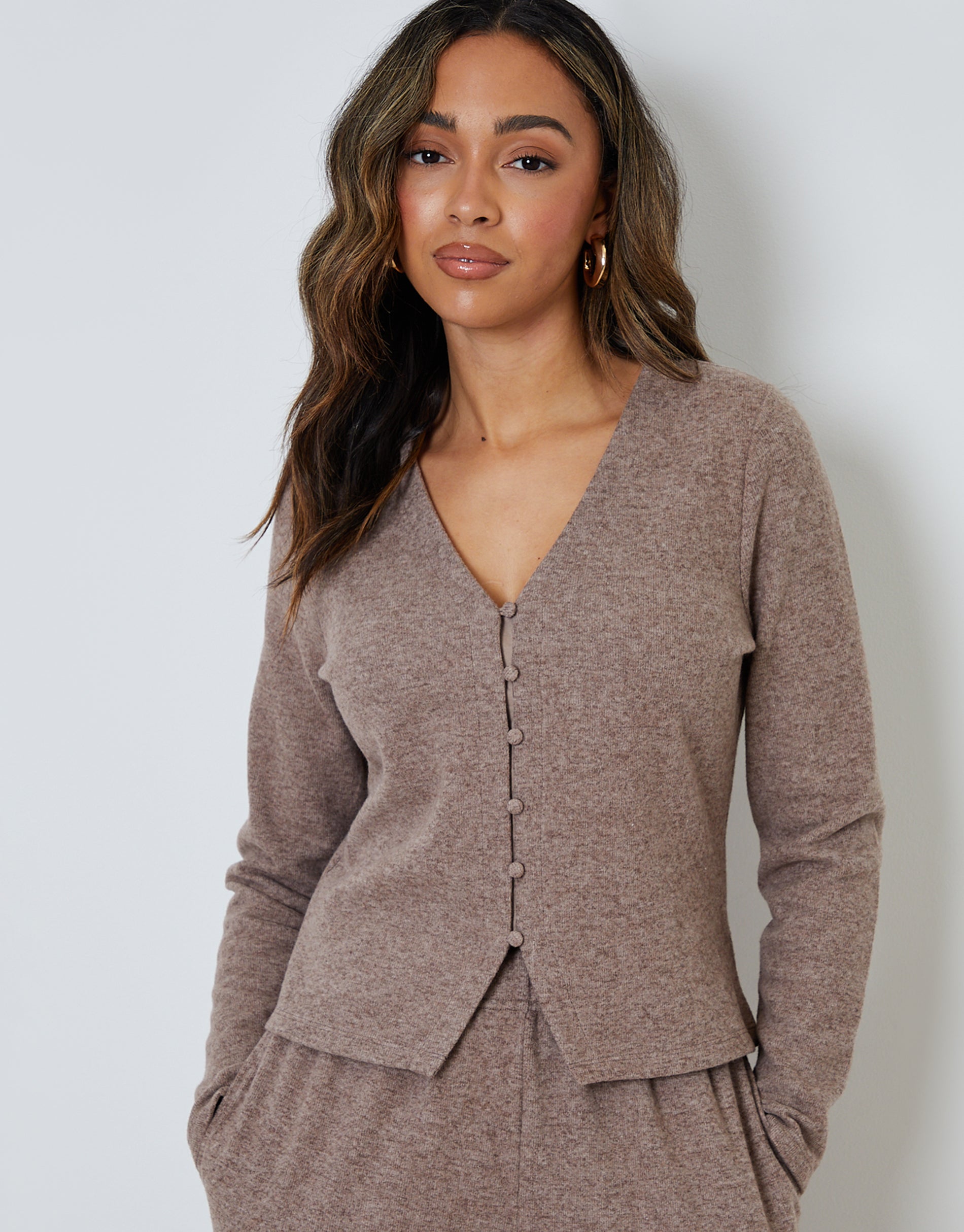 Brown Ribbed V Neck Lounge Cardigan