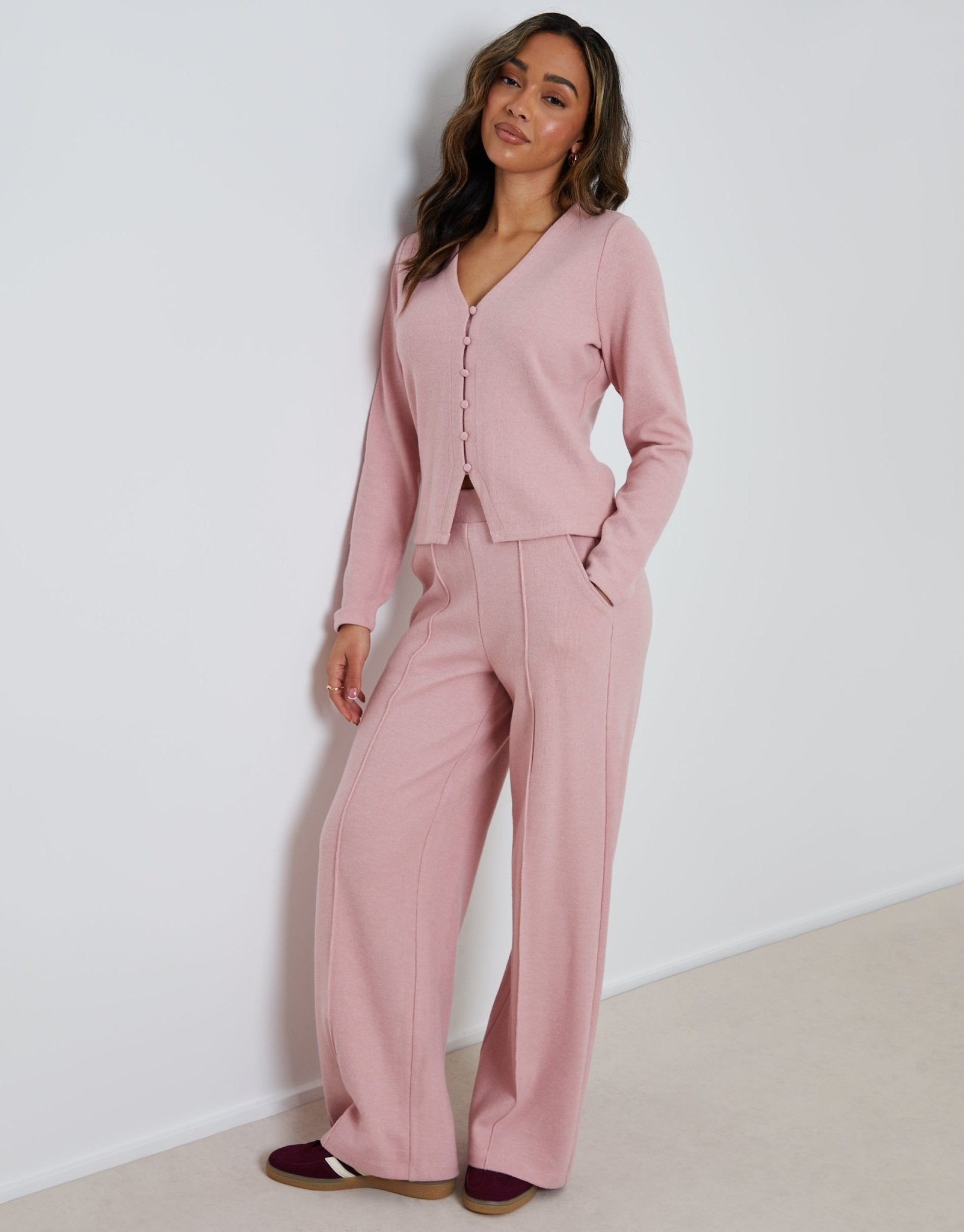 Threadbare Women's Ribbed V Neck Lounge Cardigan in Pink