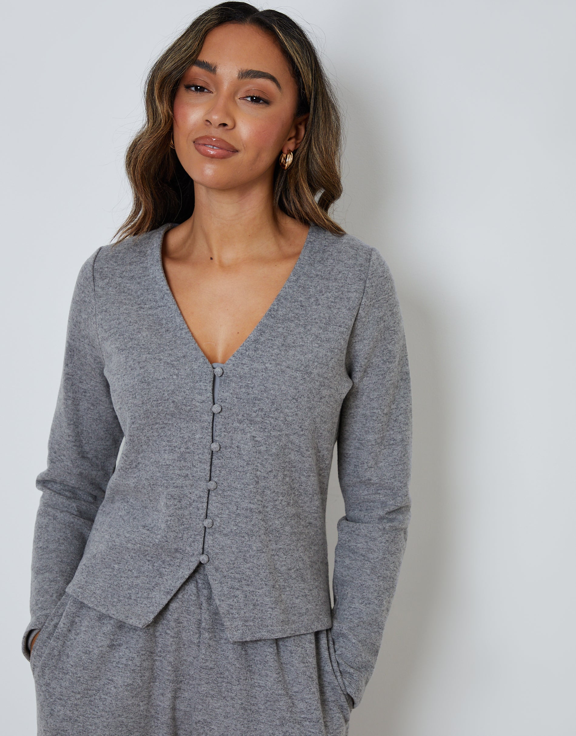 Grey Ribbed V Neck Lounge Cardigan