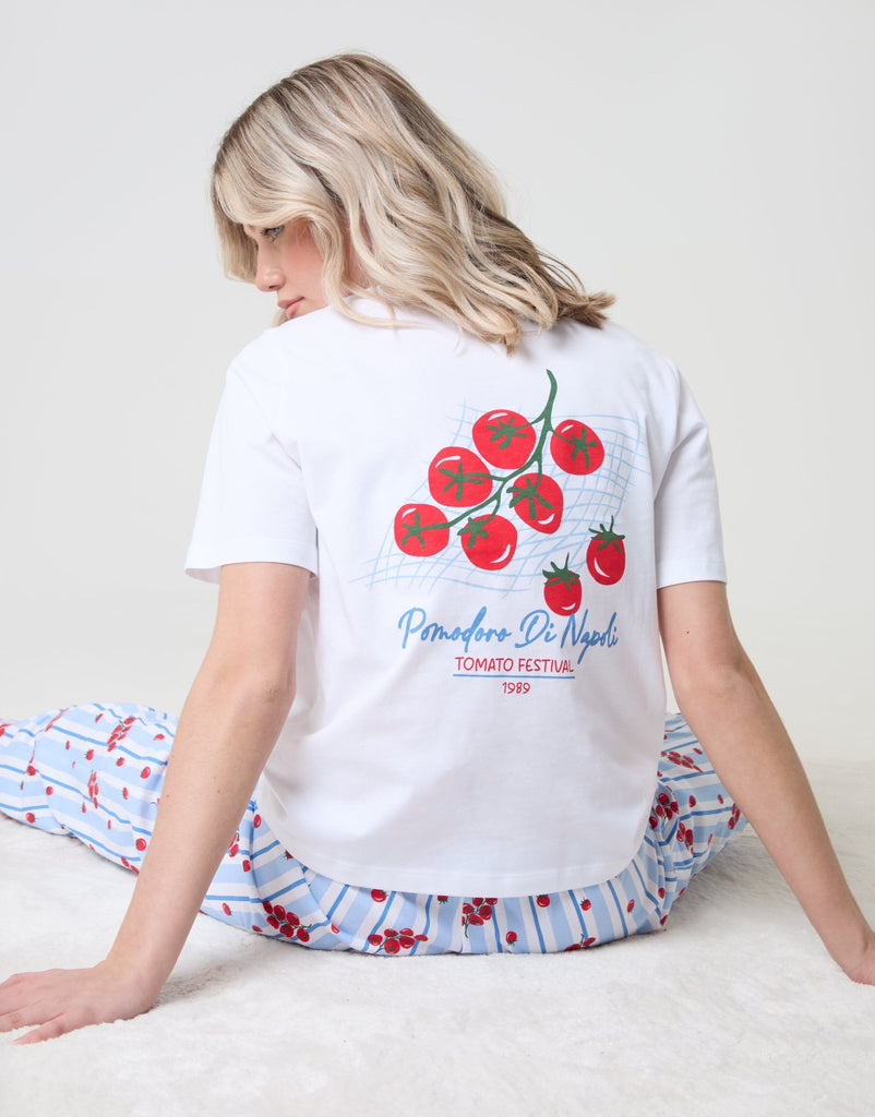 Tomato Print Pure Cotton Pyjama Set & Blue Stripe