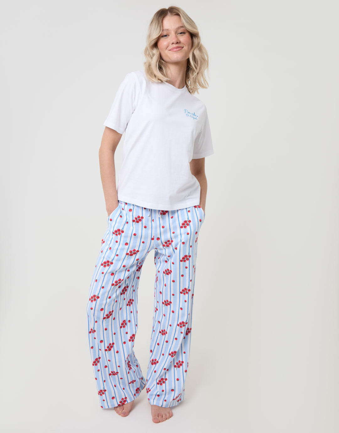 Threadbare Stripe Tomato Print Pyjama Set in White - front view