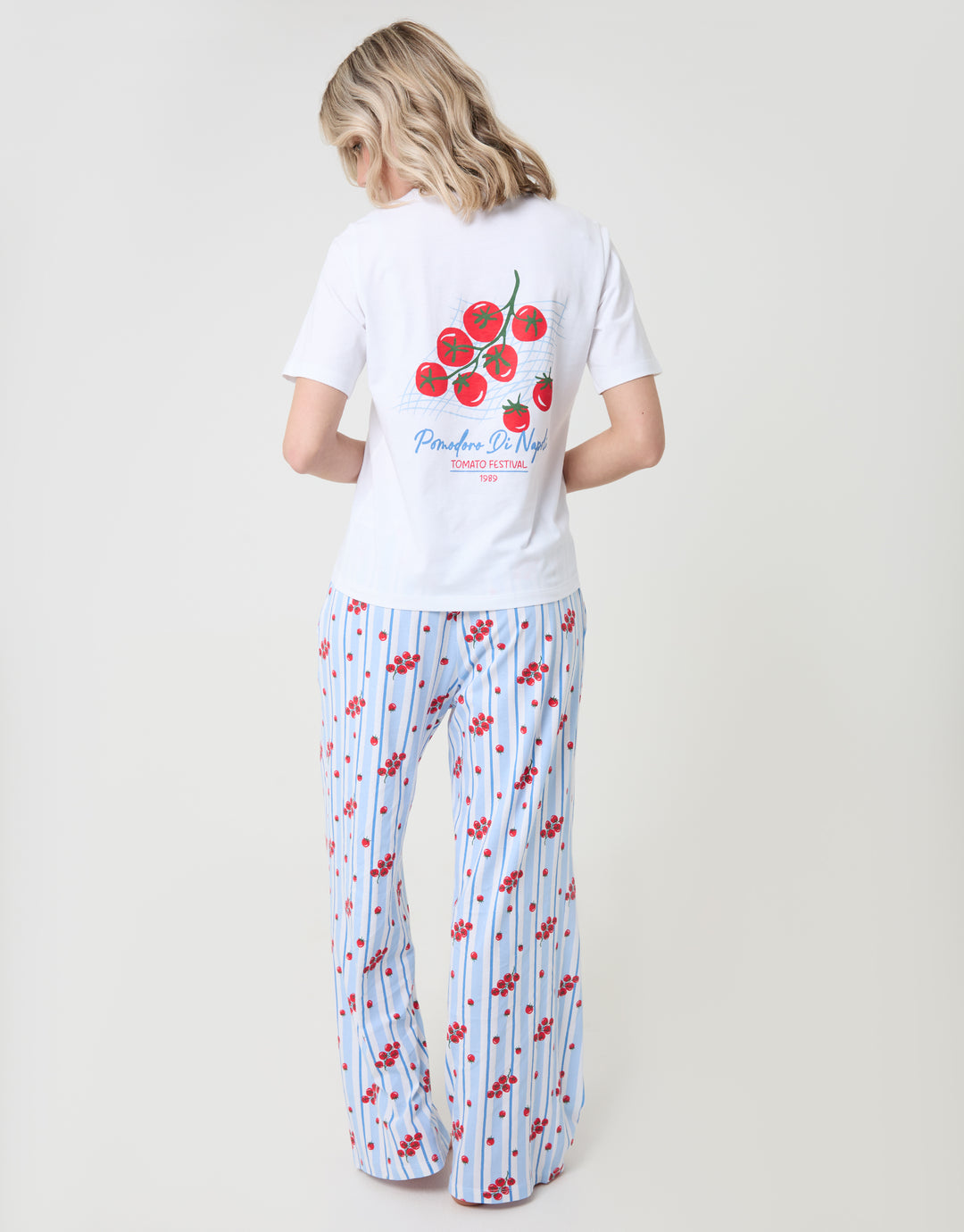 Threadbare Stripe Tomato Print Pyjama Set in White -full body, back view