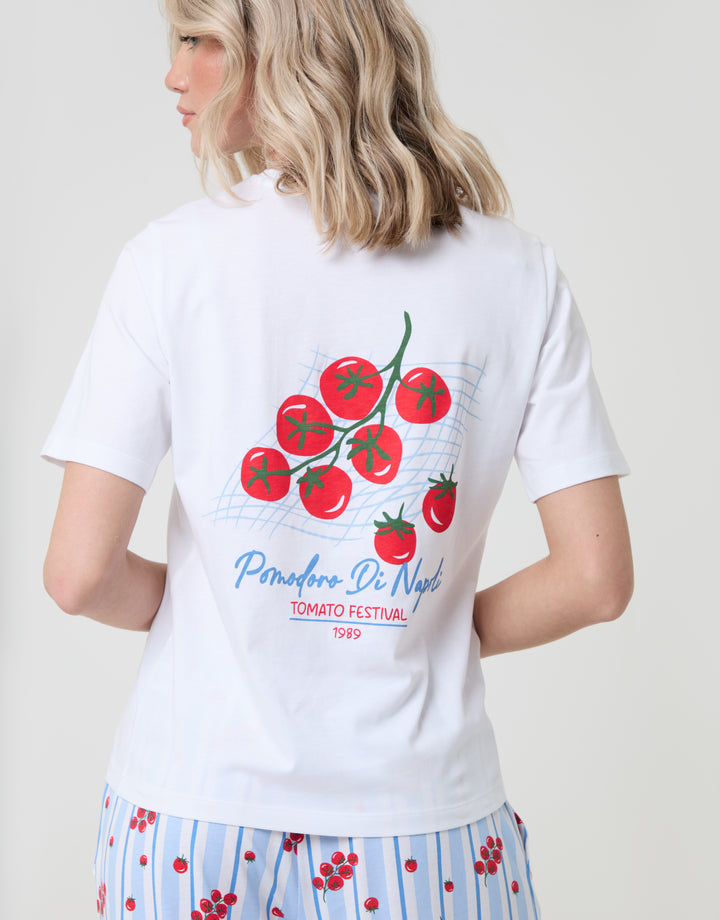 Threadbare Stripe Tomato Print Pyjama Set in White - back view, graphic close up