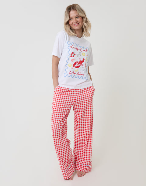 Threadbare Petite Amalfi Coast Graphic Print Pyjama Set in Red Gingham - full body