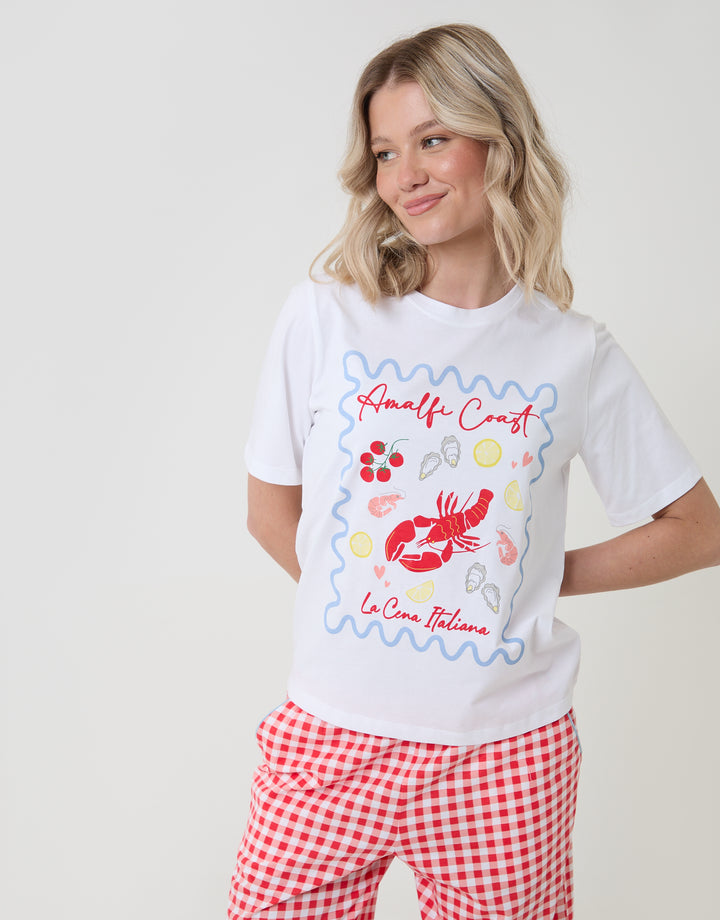 Threadbare Amalfi Coast Graphic Print Pyjama Set in Red Gingham - front view close up