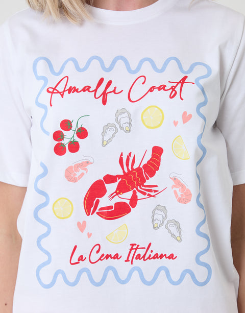 Threadbare Petite Amalfi Coast Graphic Print Pyjama Set in Red Gingham with Lobster graphic - T-shirt close up