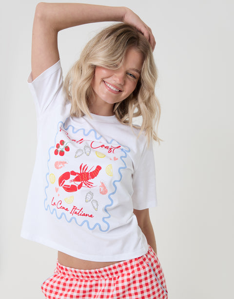 Threadbare Petite Amalfi Coast Graphic Print Pyjama Set in Red Gingham - front view close up
