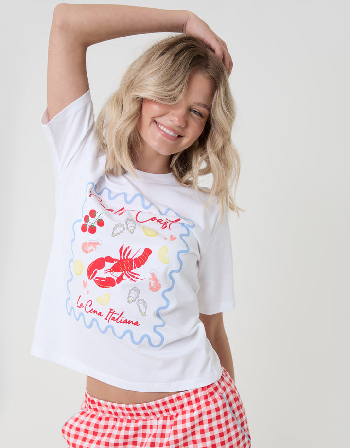 Threadbare Petite Amalfi Coast Graphic Print Pyjama Set in Red Gingham - front view close up