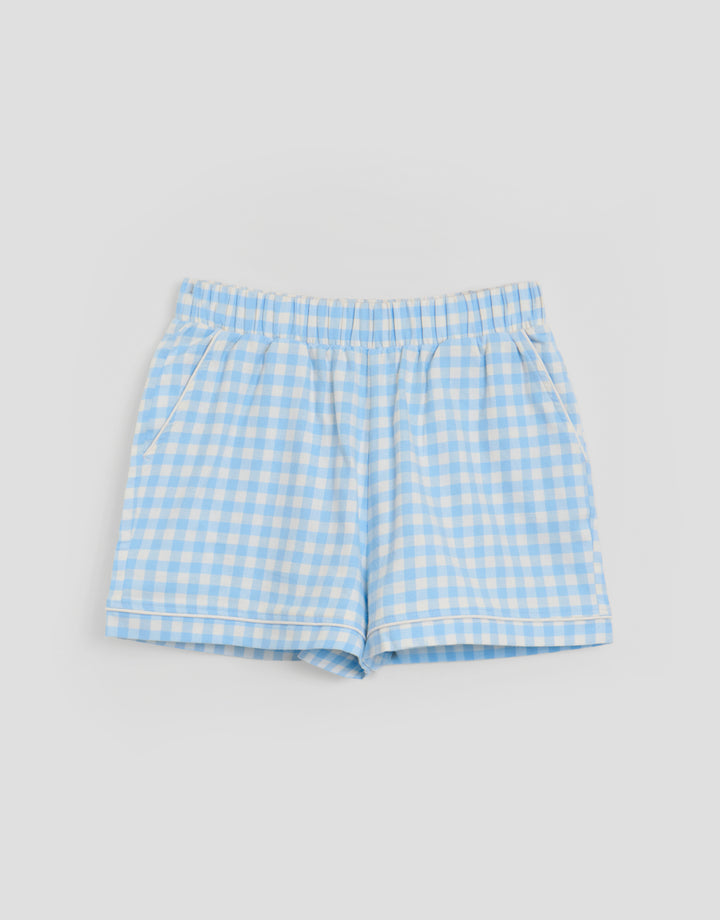 Threadbare Cotton Vest & Flannel Shorts Pyjama Set in Blue Check - flat lay shorts