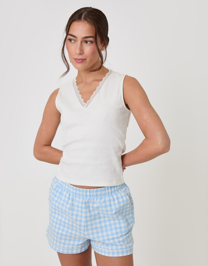 Threadbare Cotton Vest & Flannel Shorts Pyjama Set in Blue Check - front view
