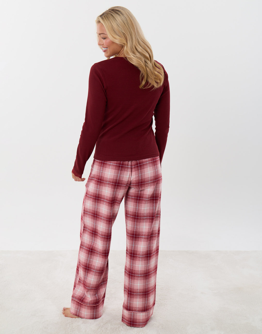 Threadbare V Neck Top & Flannel Bottoms Pyjama Set in Burgundy Check - back view
