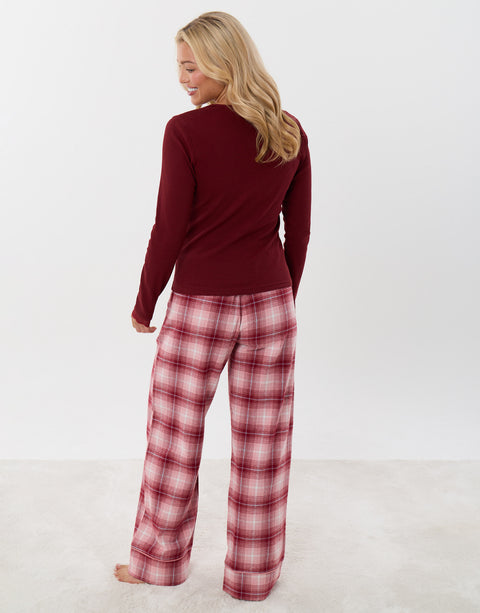 Threadbare V Neck Top & Flannel Bottoms Pyjama Set in Burgundy Check - back view
