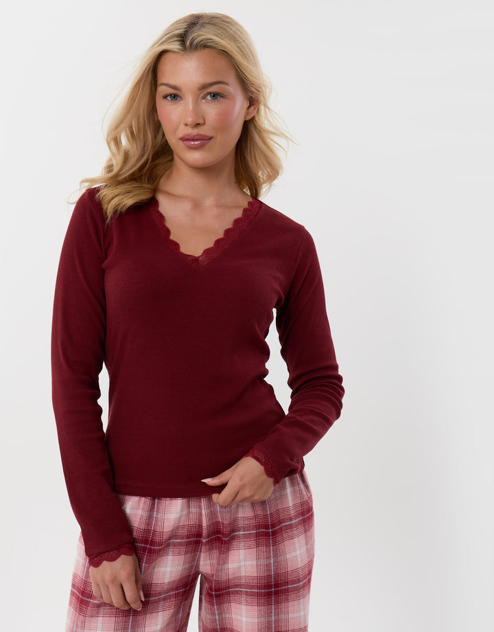 Threadbare V Neck Top & Flannel Bottoms Pyjama Set in Burgundy Check - detail