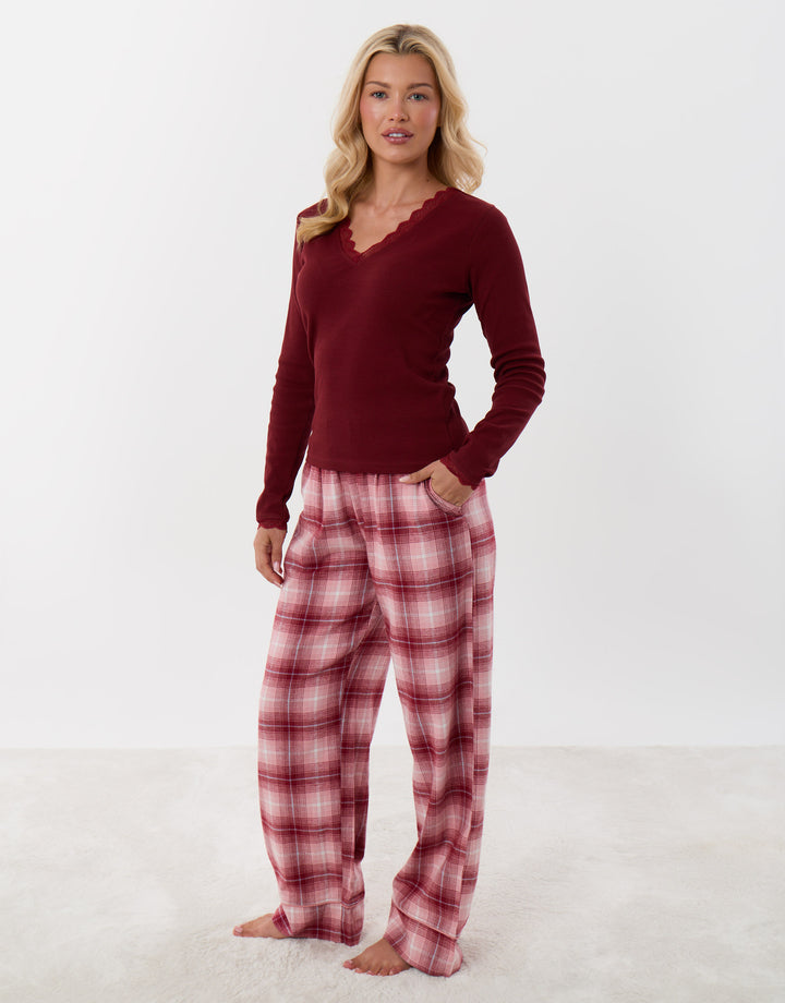 Threadbare V Neck Top & Flannel Bottoms Pyjama Set in Burgundy Check - front view