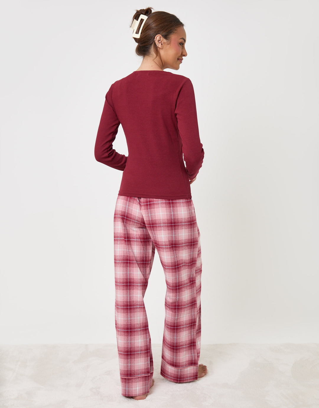 Threadbare Petite V Neck Top & Flannel Bottoms Pyjama Set in Burgundy Check - back view