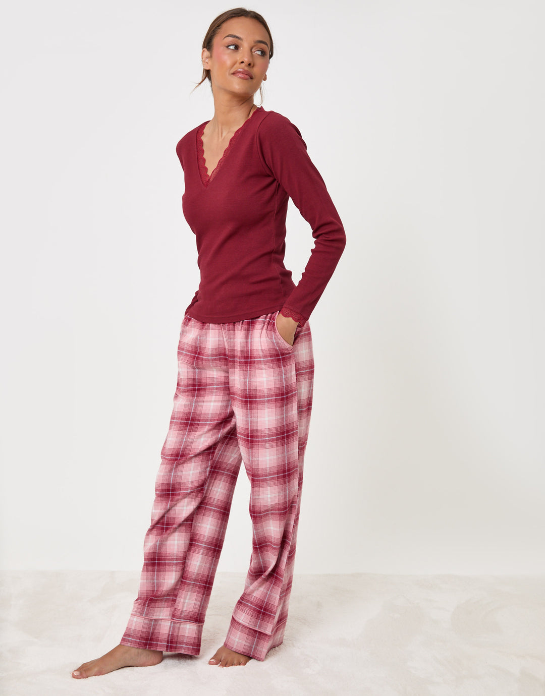 Threadbare Petite V Neck Top & Flannel Bottoms Pyjama Set in Burgundy Check - front view side