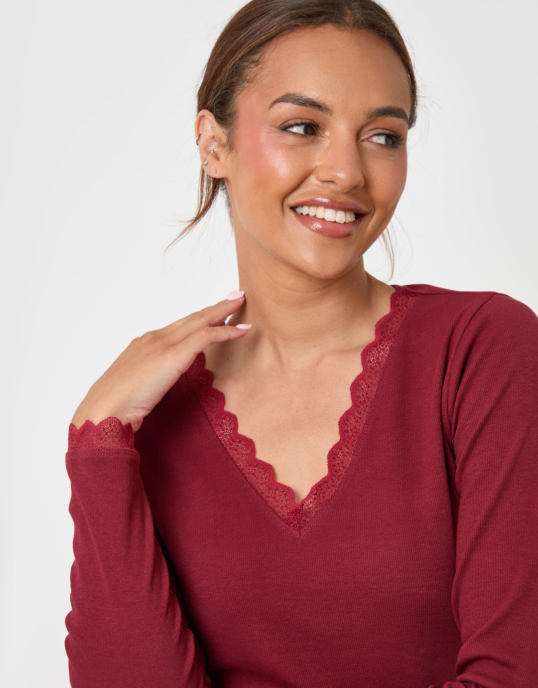 Threadbare Petite V Neck Top & Flannel Bottoms Pyjama Set in Burgundy Check - close up