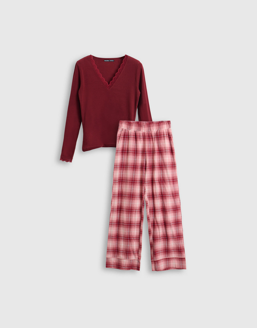 V Neck Top & Flannel Bottoms Pyjama Set in Burgundy Check