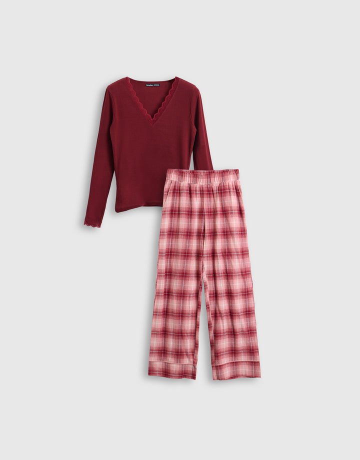 V Neck Top & Flannel Bottoms Pyjama Set in Burgundy Check