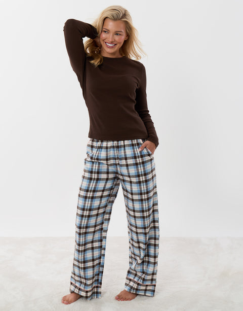 Threadbare Petite Cotton Long Pyjama Set in Chocolate Brown Check - front view