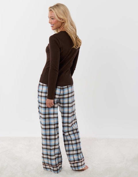 Threadbare Cotton Long Pyjama Set in Chocolate Brown Check - back view