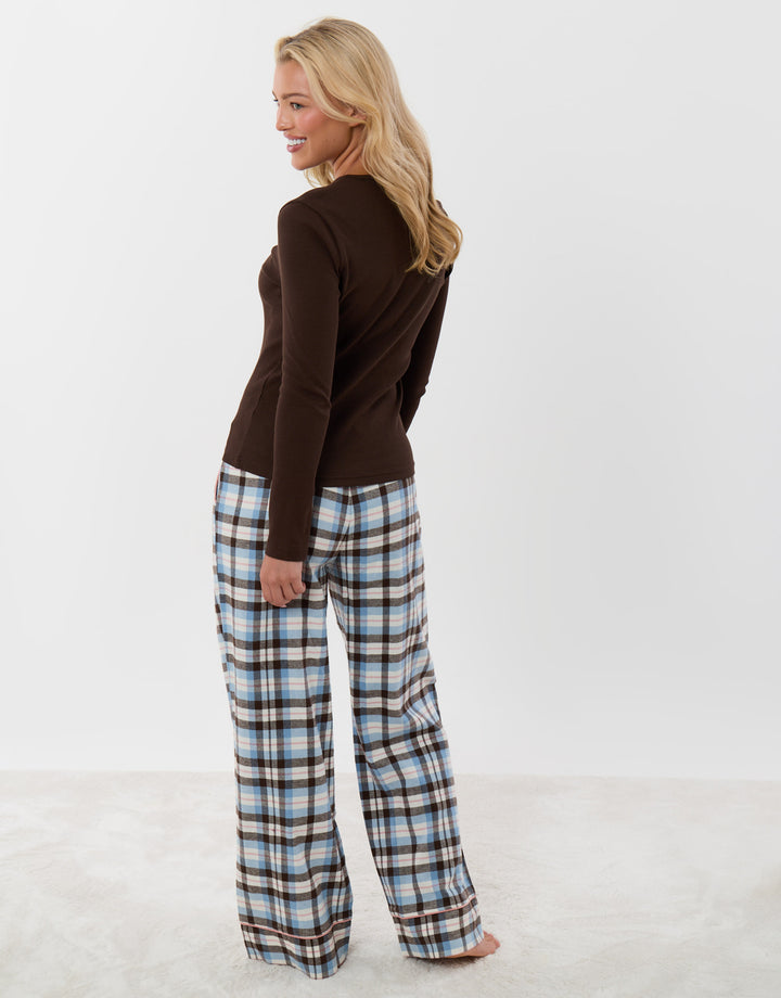 Threadbare Cotton Long Pyjama Set in Chocolate Brown Check - back view