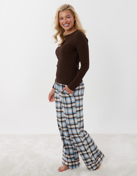 Threadbare Cotton Long Pyjama Set in Chocolate Brown Check - full body