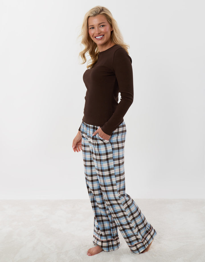 Threadbare Cotton Long Pyjama Set in Chocolate Brown Check - full body