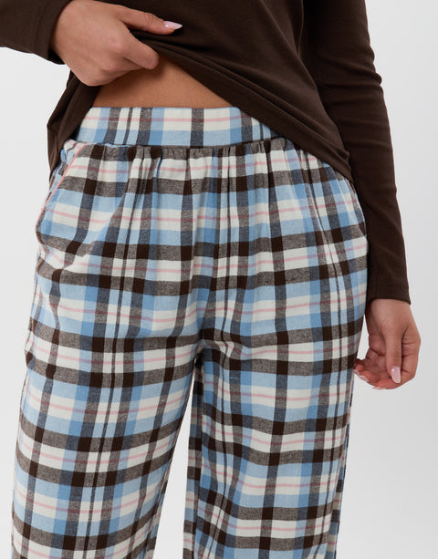 Threadbare Petite Cotton Long Pyjama Set in Chocolate Brown Check - detail