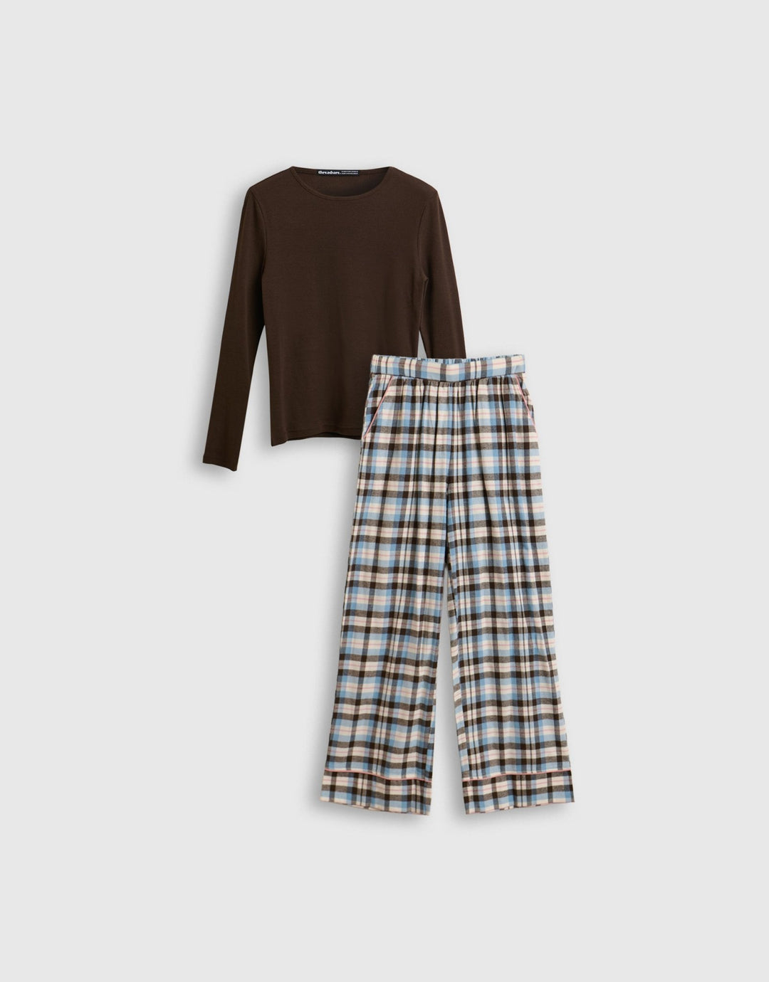 Threadbare The Everyday Long Pyjama Set in Chocolate Brown Check - mannequin image