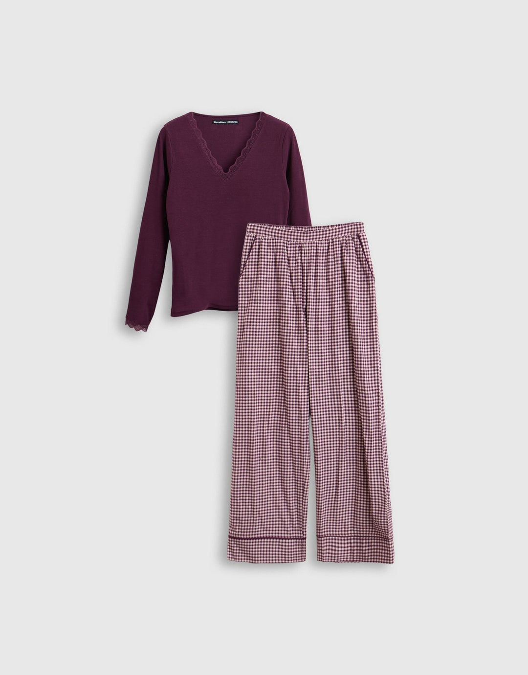 Threadbare Cotton Long Pyjama Set in Plum Gingham - mannequin image