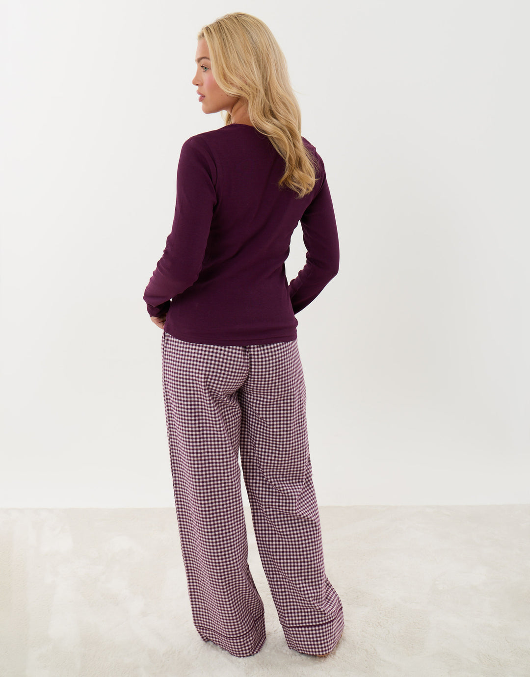 Threadbare Petite Cotton Long Pyjama Set in Plum Gingham - back view