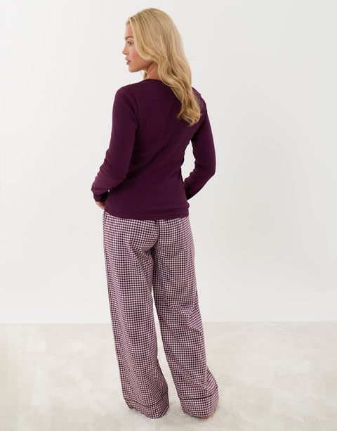 Threadbare Cotton Long Pyjama Set in Plum Gingham - back view