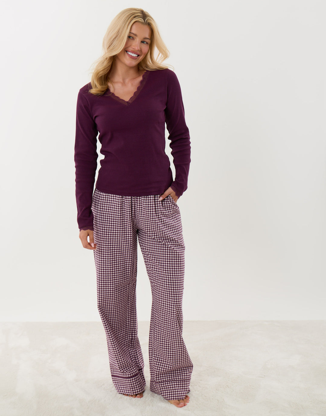 Threadbare Petite Cotton Long Pyjama Set in Plum Gingham - front view