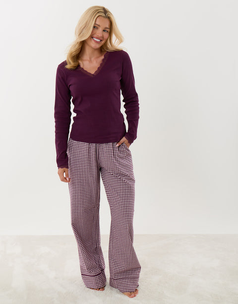 Threadbare Cotton Long Pyjama Set in Plum Gingham - front view