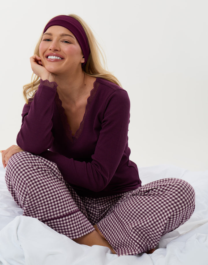 Threadbare Petite Cotton Long Pyjama Set in Plum Gingham - sat down