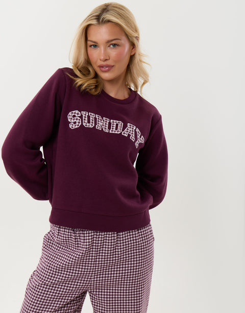 Threadbare Sweatshirt & Barrel Leg Trousers Pyjama Set in Plum Gingham - front view