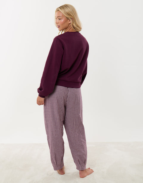 Threadbare Sweatshirt & Barrel Leg Trousers Pyjama Set in Plum Gingham - back view