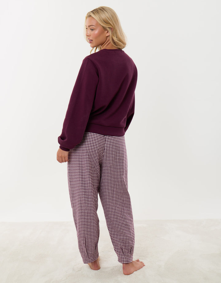 Threadbare Sweatshirt & Barrel Leg Trousers Pyjama Set in Plum Gingham - back view
