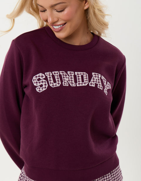 Threadbare Sweatshirt & Barrel Leg Trousers Pyjama Set in Plum Gingham - close up