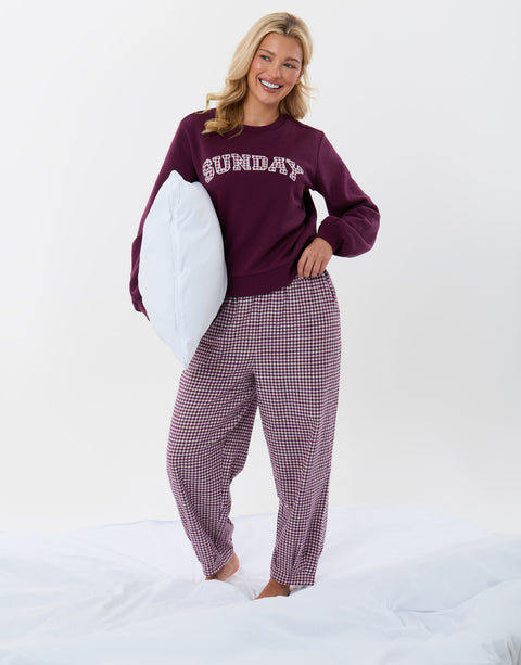 Threadbare Sweatshirt & Barrel Leg Trousers Pyjama Set in Plum Gingham - full body