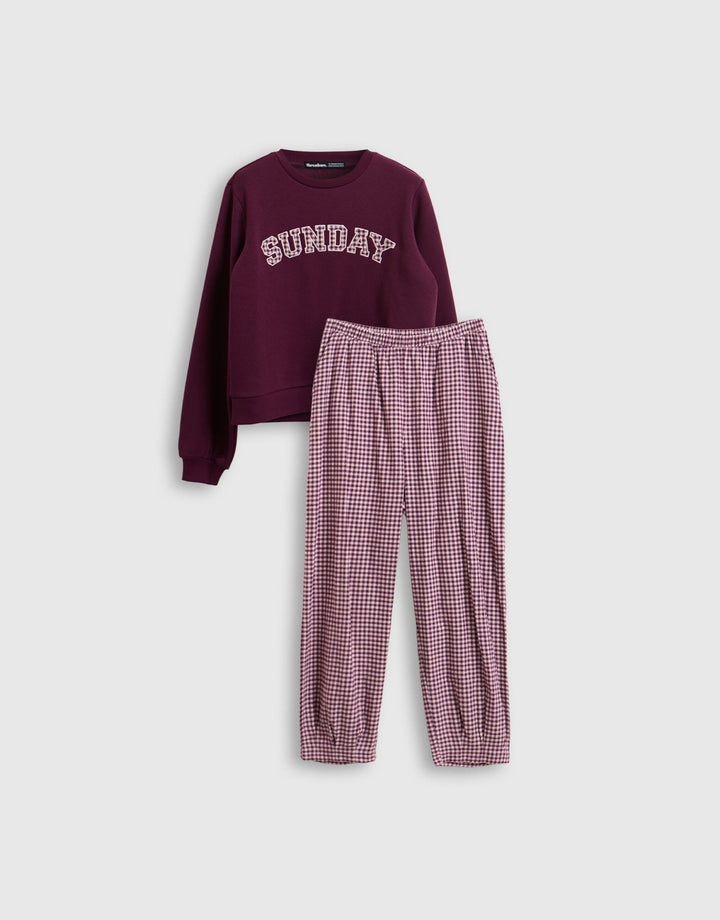 Threadbare Sweatshirt & Barrel Leg Trousers Pyjama Set in Plum Gingham - mannequin image