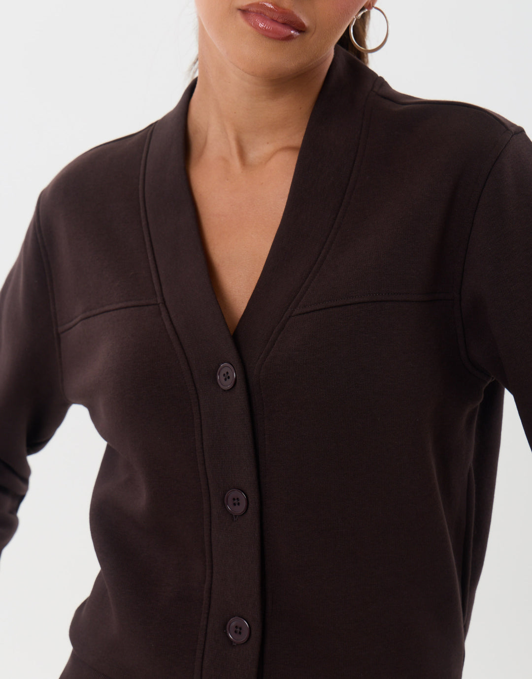 Threadbare Petite Cardigan & Jogger Sweat Set in Chocolate Brown - close up