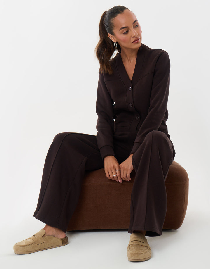 Threadbare Cardigan & Jogger Sweat Set in Chocolate Brown - sat down