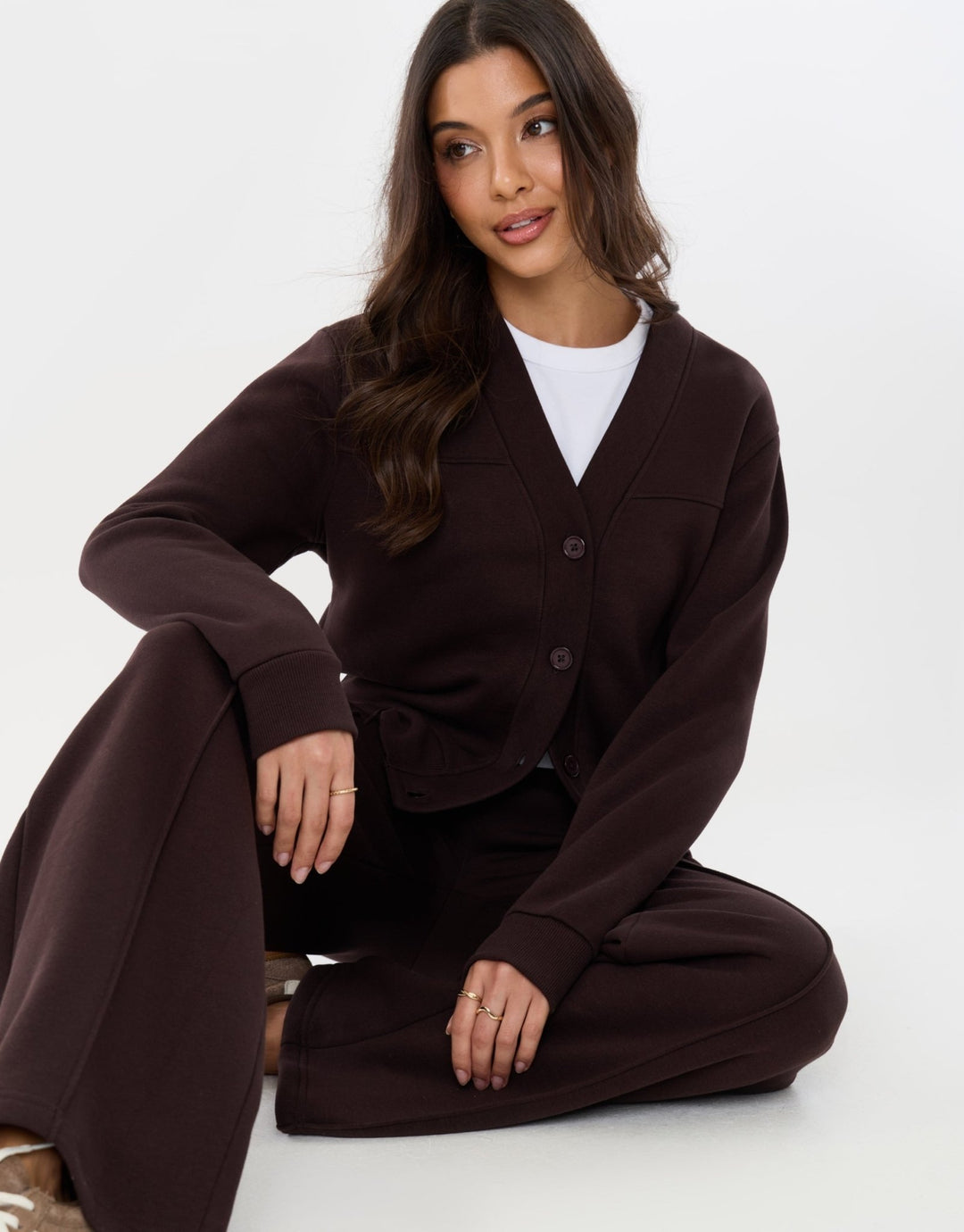 The Staple Cardigan & Jogger Sweat Set in Chocolate Brown