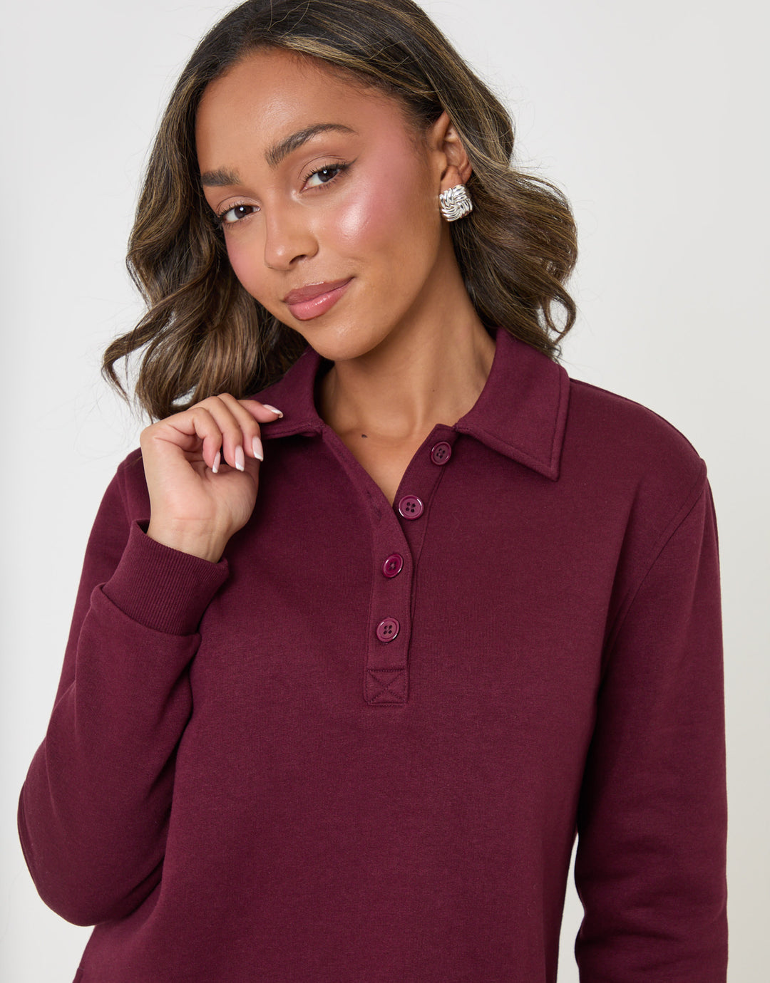 Threadbare Polo Collar Barrel Leg Lounge Set in Plum - close up