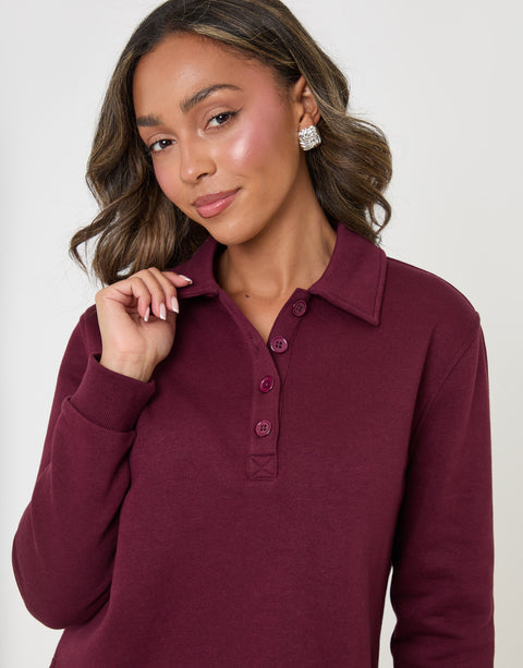 Threadbare Polo Collar Barrel Leg Lounge Set in Plum - close up